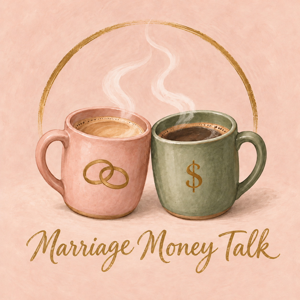 A blush mug with linked wedding rings beside a sage mug with a gold money symbol, with Marriage Money Talk written in gold beneath them